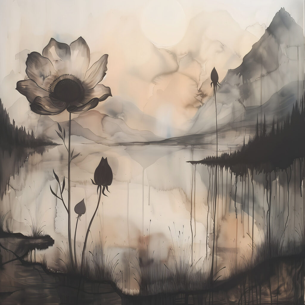 Blüte vor nebligem See — ganzes Design
