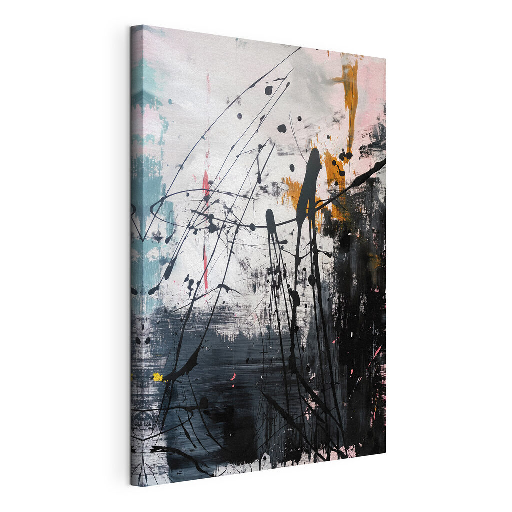 Farbspritzer und Linien, gespannte Leinwand mit umlaufender Kante