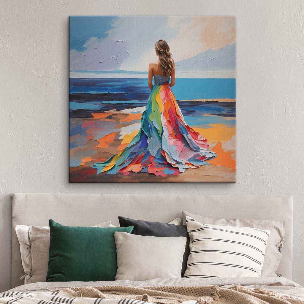 Ein Kleid voller Farben in einem Interieur