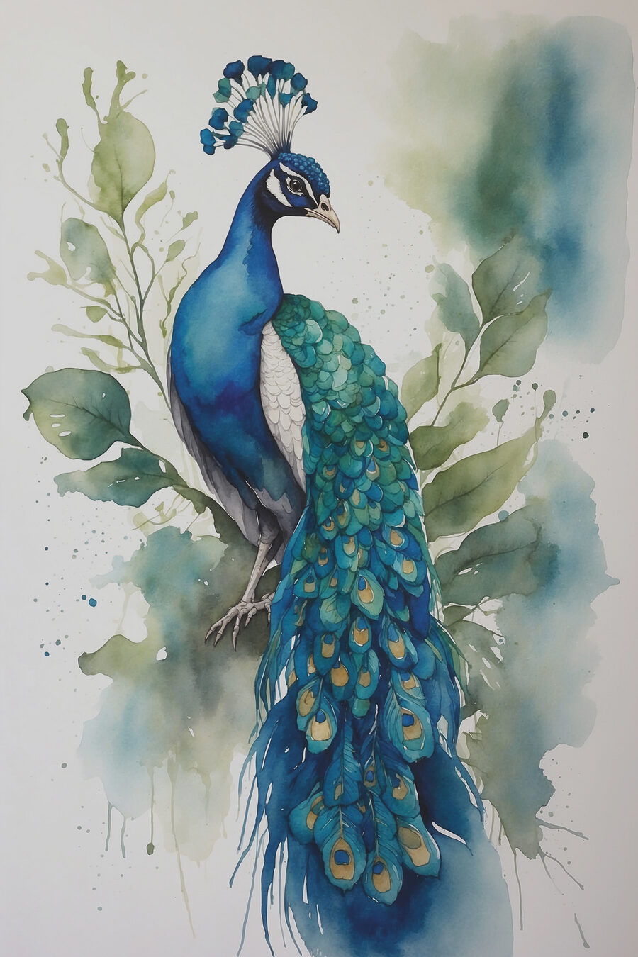 Pfau in zarten Aquarelltönen — ganzes Design