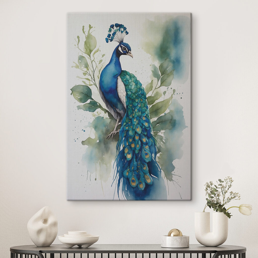 Pfau in zarten Aquarelltönen in einem Interieur