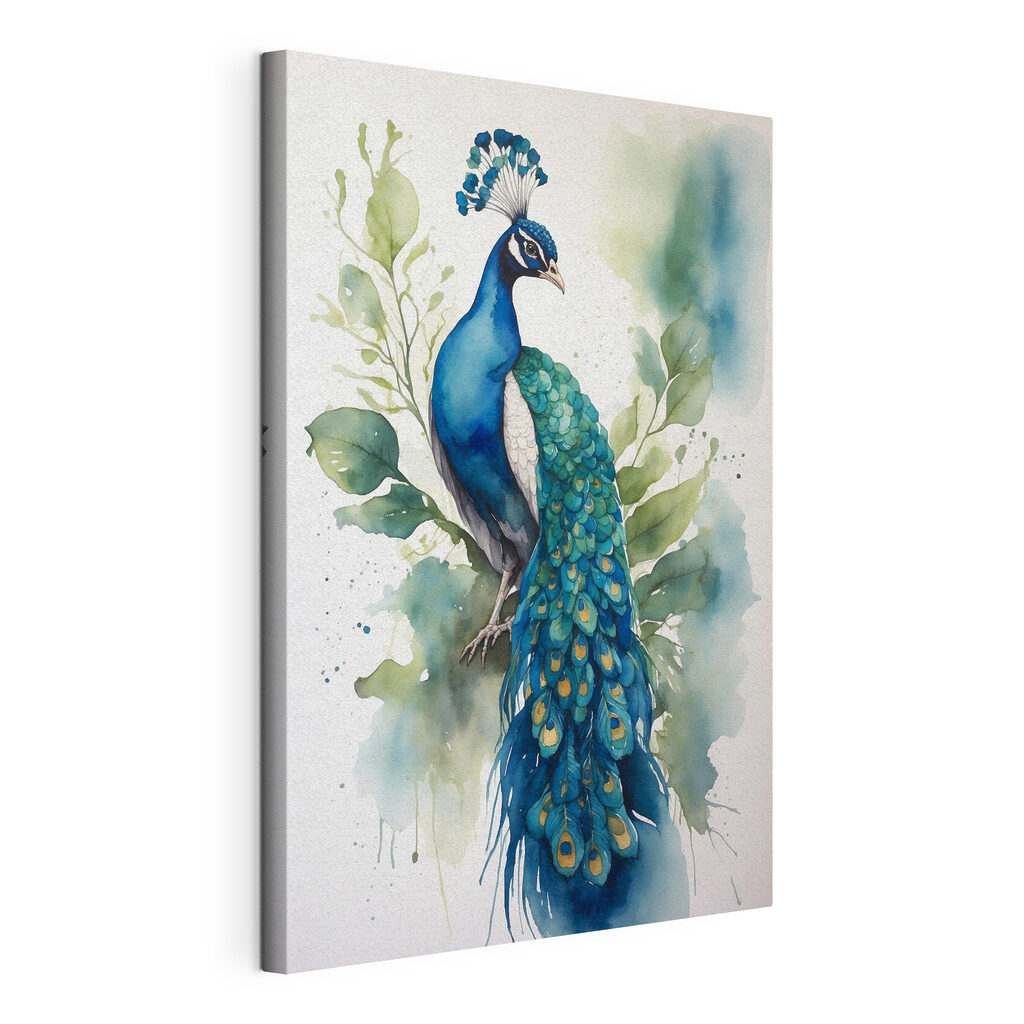 Pfau in zarten Aquarelltönen, gespannte Leinwand mit umlaufender Kante