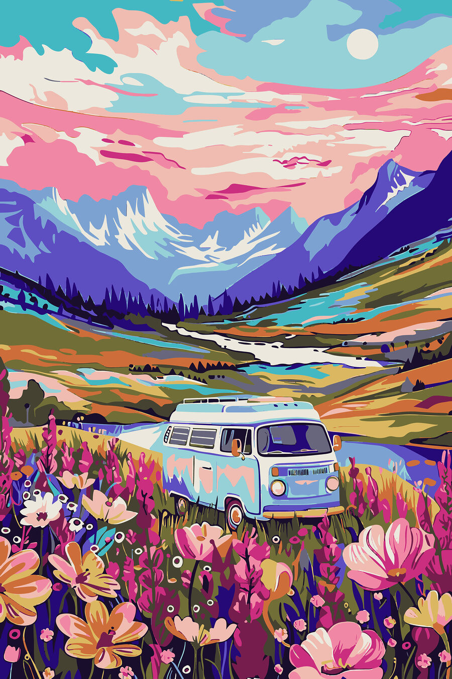 Kleiner Bus im Blumenfeld — ganzes Design