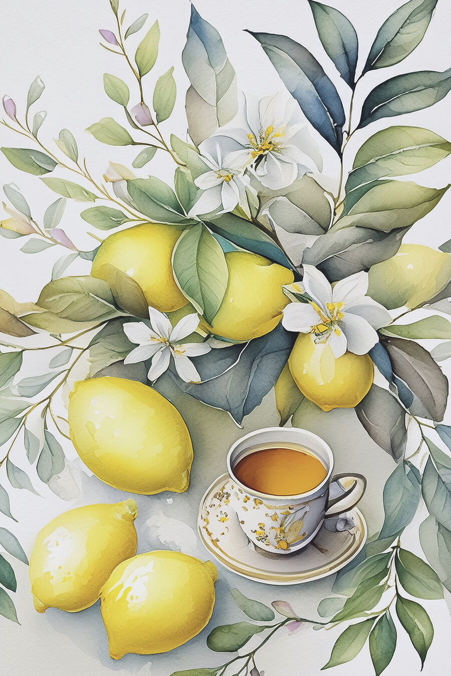 Zitronentee zwischen weißen Blüten — ganzes Design