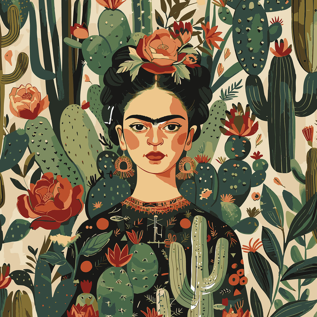 Frida mit roten Kaktusblüten — ganzes Design
