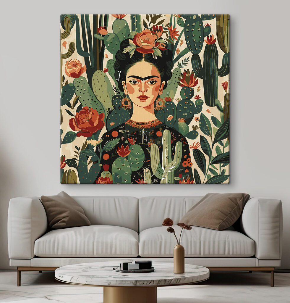 Frida mit roten Kaktusblüten in einem Interieur