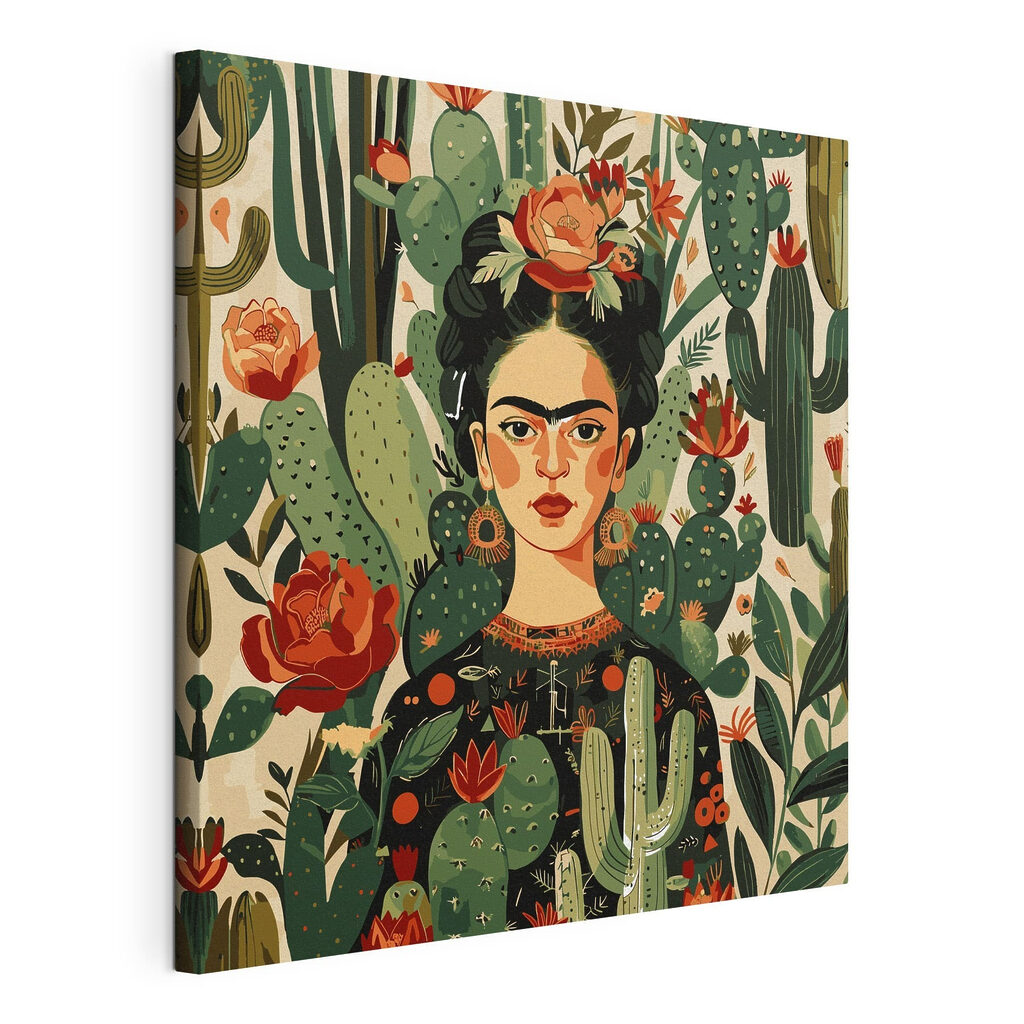 Frida mit roten Kaktusblüten, gespannte Leinwand mit umlaufender Kante