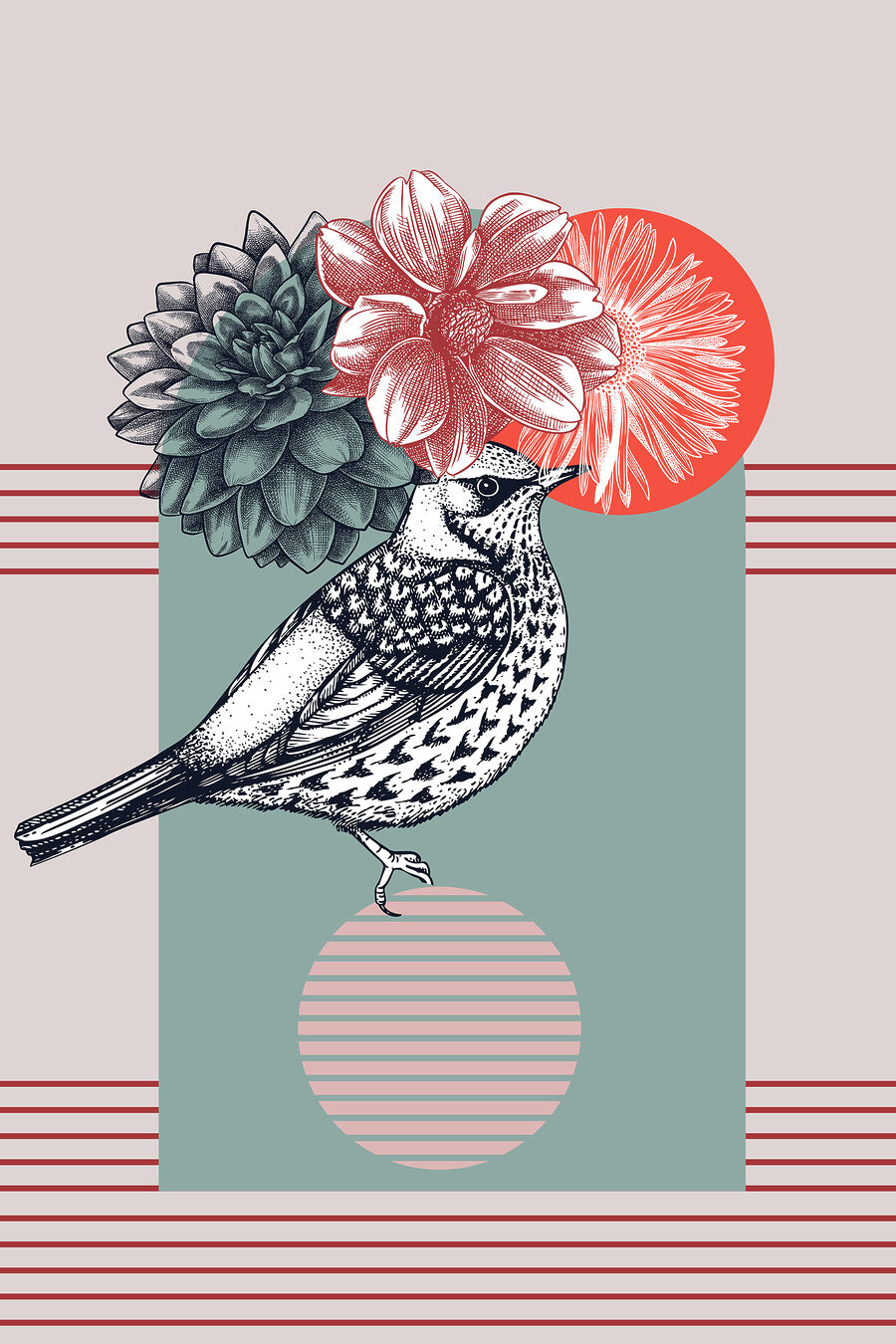 Vogel zwischen Blüten — ganzes Design