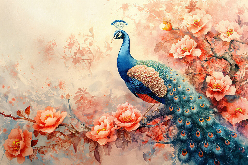 Pfau auf blühendem Zweig — ganzes Design