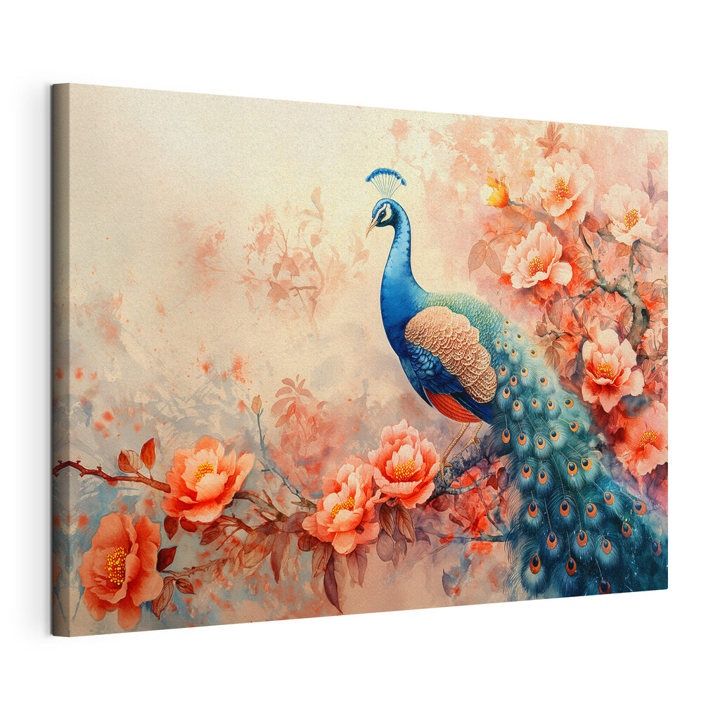 Pfau auf blühendem Zweig, gespannte Leinwand mit umlaufender Kante