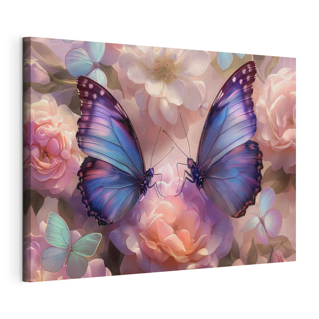 Schmetterling auf Blüten, gespannte Leinwand mit umlaufender Kante
