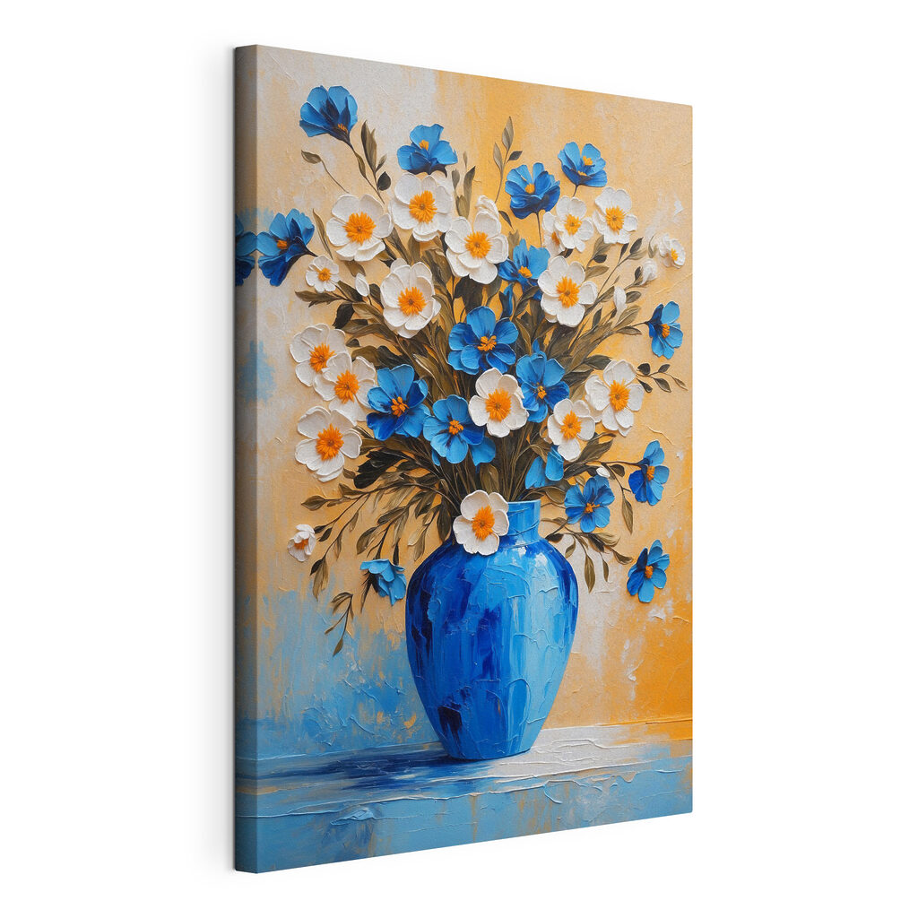 Blumen in blauer Vase, gespannte Leinwand mit umlaufender Kante
