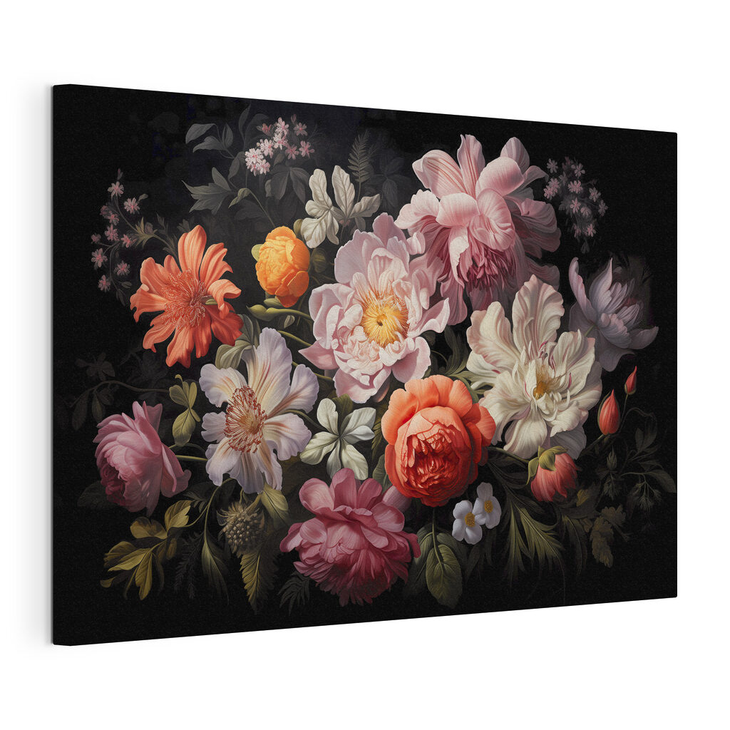 Blumenstrauß auf Schwarz, gespannte Leinwand mit umlaufender Kante