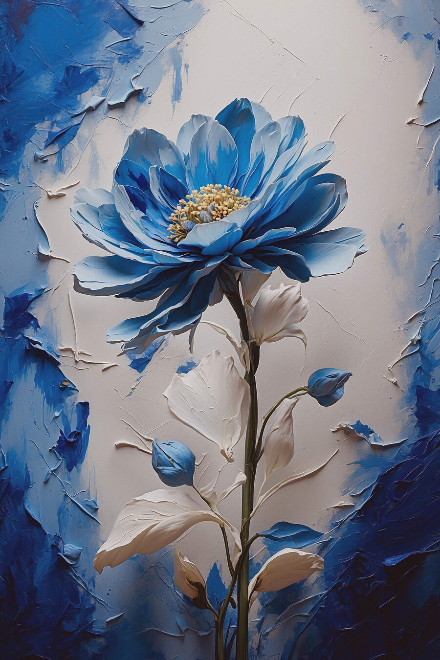 Blaue Blume, weiße Blätter — ganzes Design