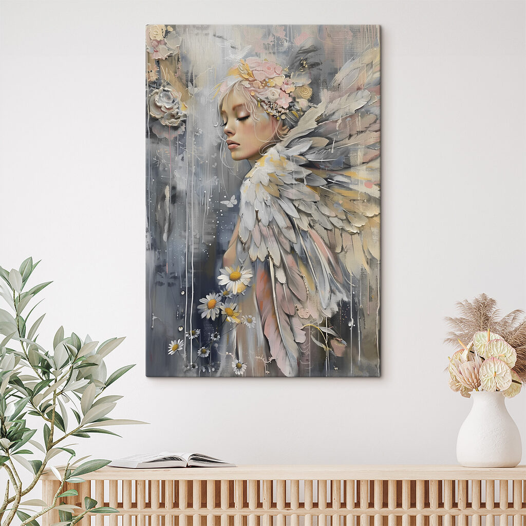Engel zwischen Margeriten in einem Interieur