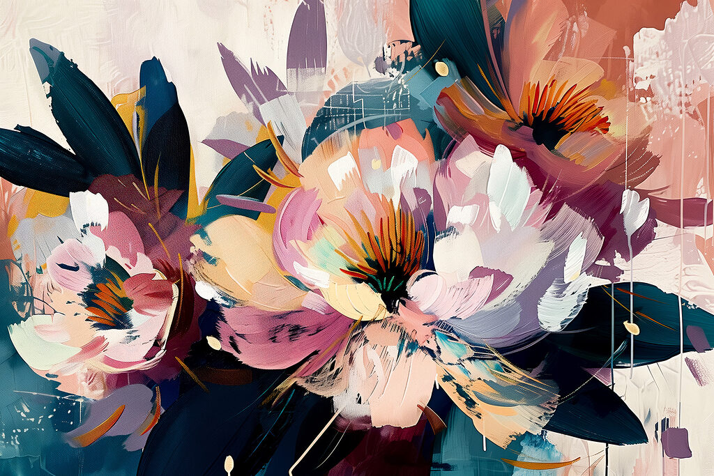 Blüten zwischen Farbbahnen — ganzes Design