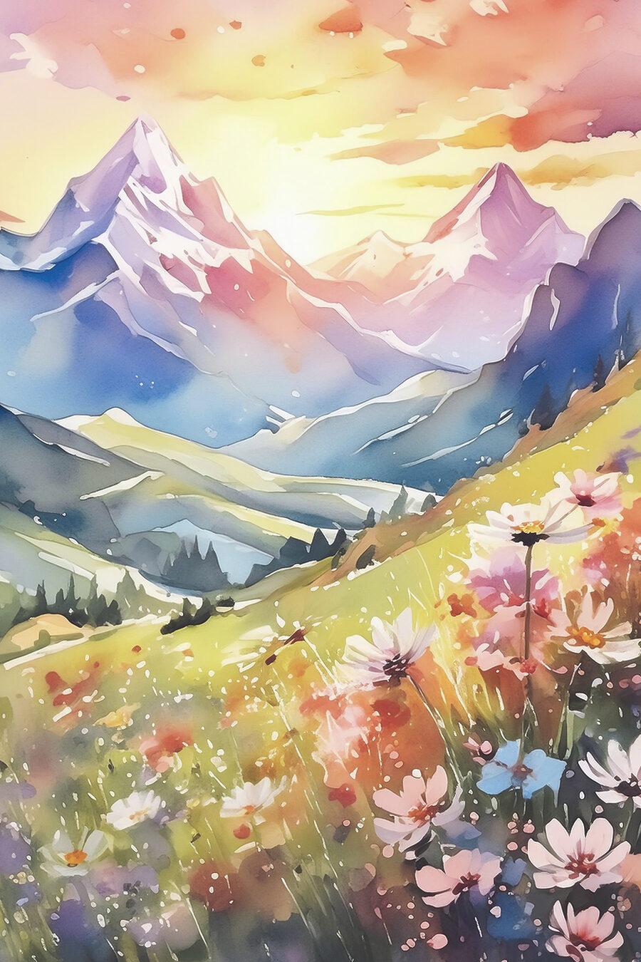 Blumenwiese vor der Bergkette — ganzes Design