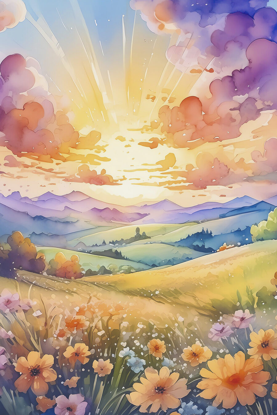 Sonnenaufgang über Blumenfeldern — ganzes Design