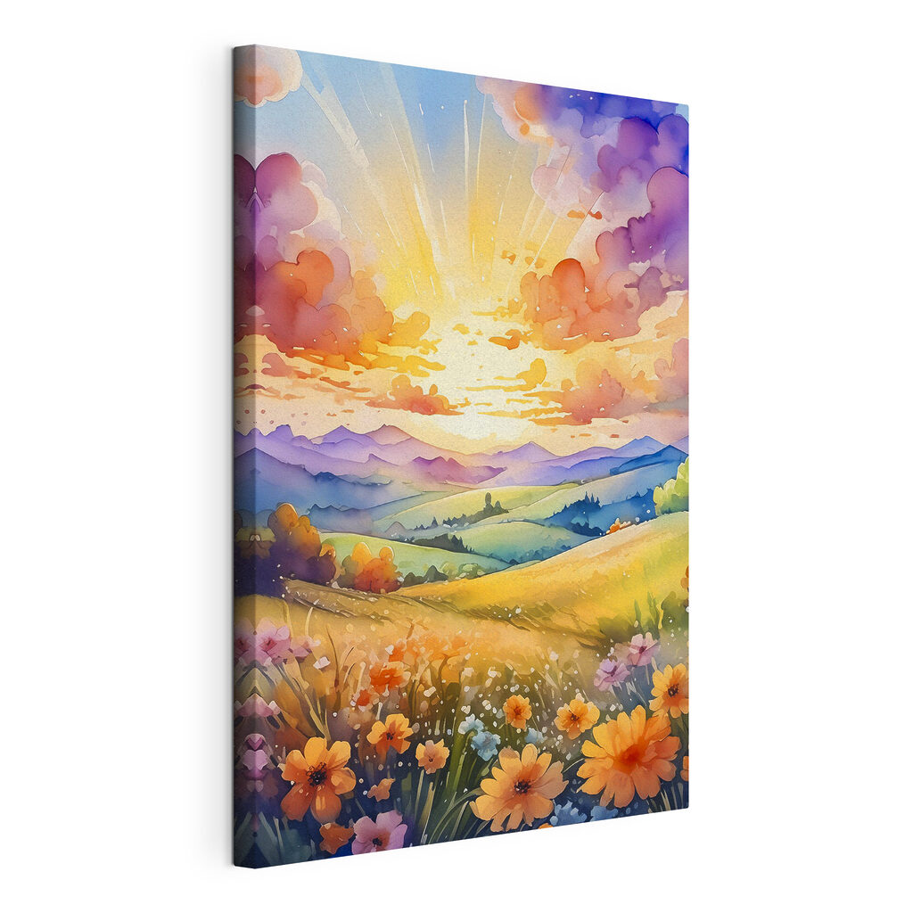 Sonnenaufgang über Blumenfeldern, gespannte Leinwand mit umlaufender Kante