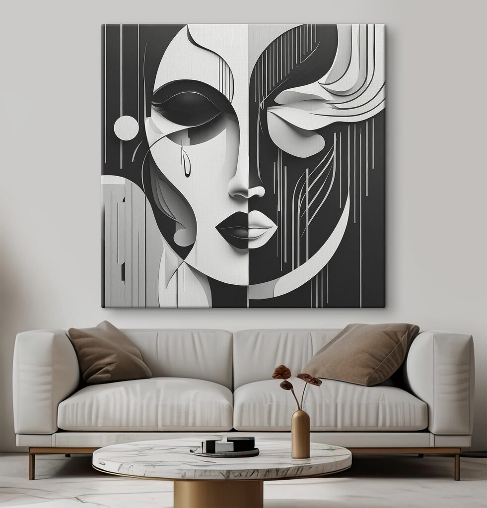 Gesicht in Schwarz-Weiß-Bögen in einem Interieur