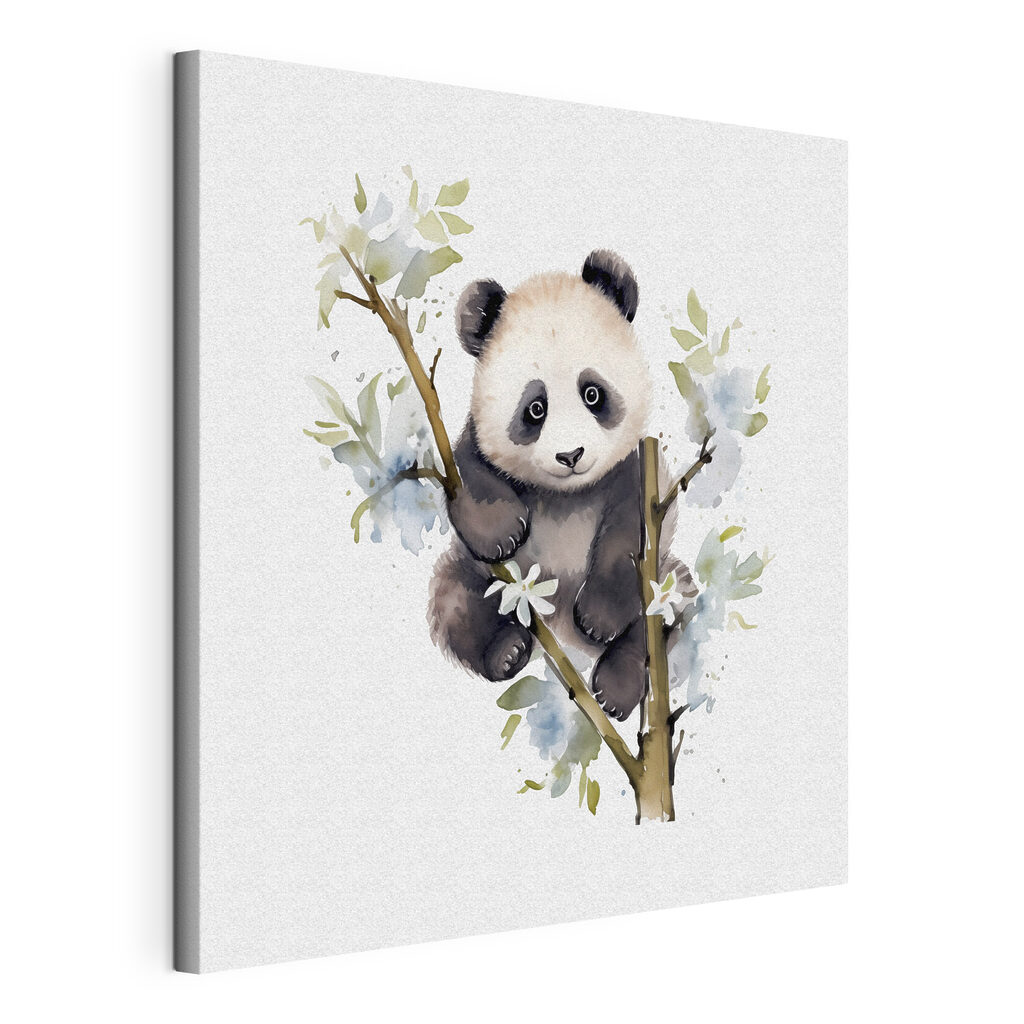 Panda zwischen weißen Blüten, gespannte Leinwand mit umlaufender Kante