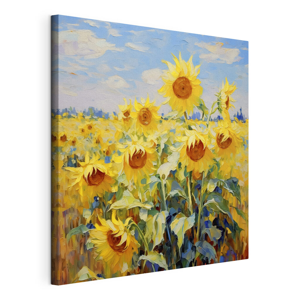 Sonnenblumen unter blauem Himmel, gespannte Leinwand mit umlaufender Kante