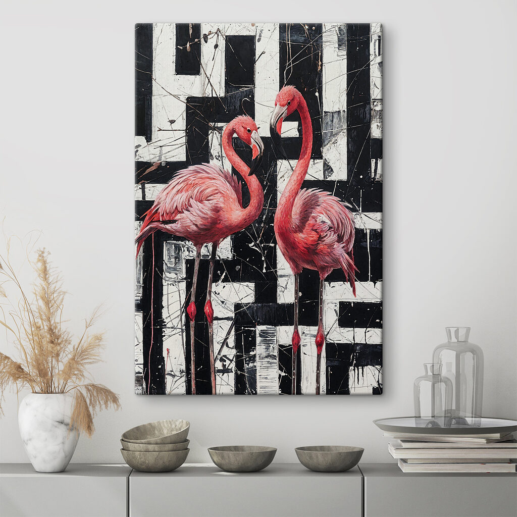 Flamingos zwischen schwarzen Blöcken in einem Interieur
