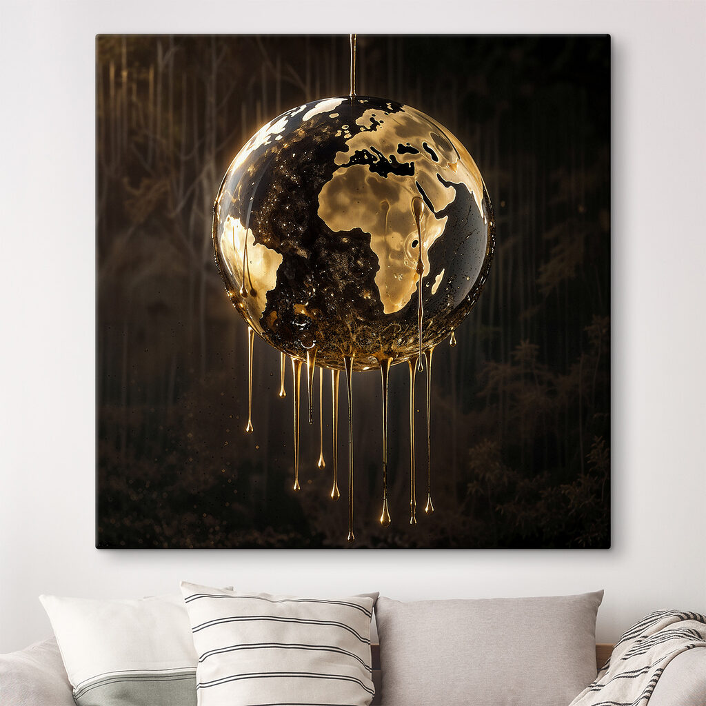 Globus aus fließendem Gold in einem Interieur