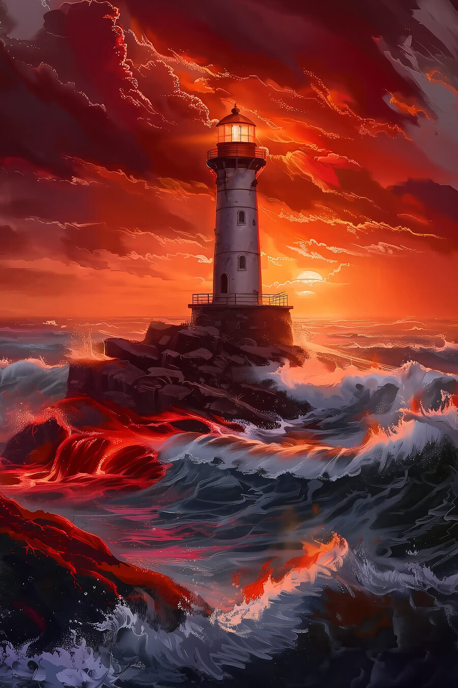 Leuchtturm unter Flammenhimmel — ganzes Design
