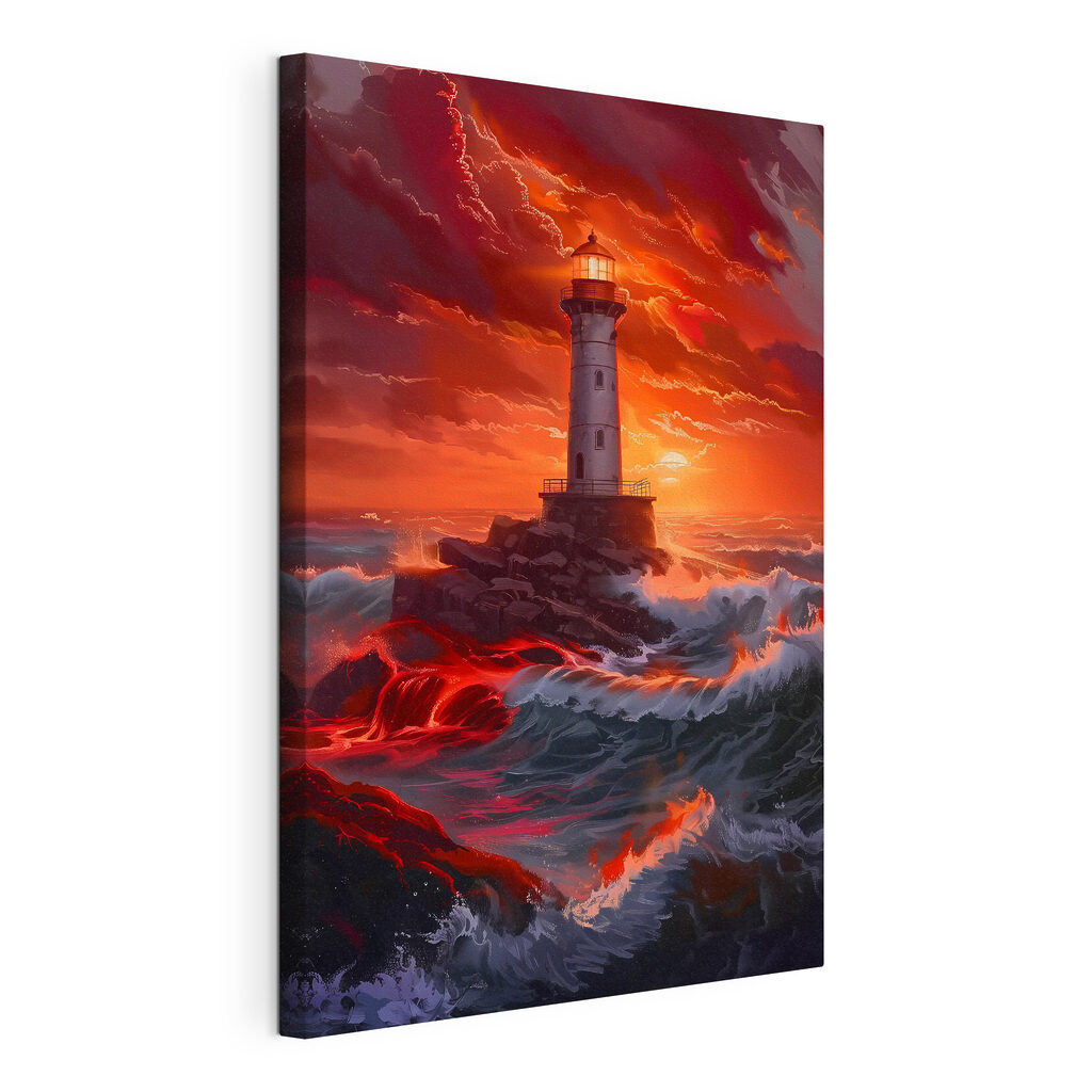 Leuchtturm unter Flammenhimmel, gespannte Leinwand mit umlaufender Kante