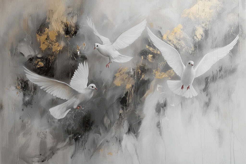 Weiße Vögel steigen auf — ganzes Design