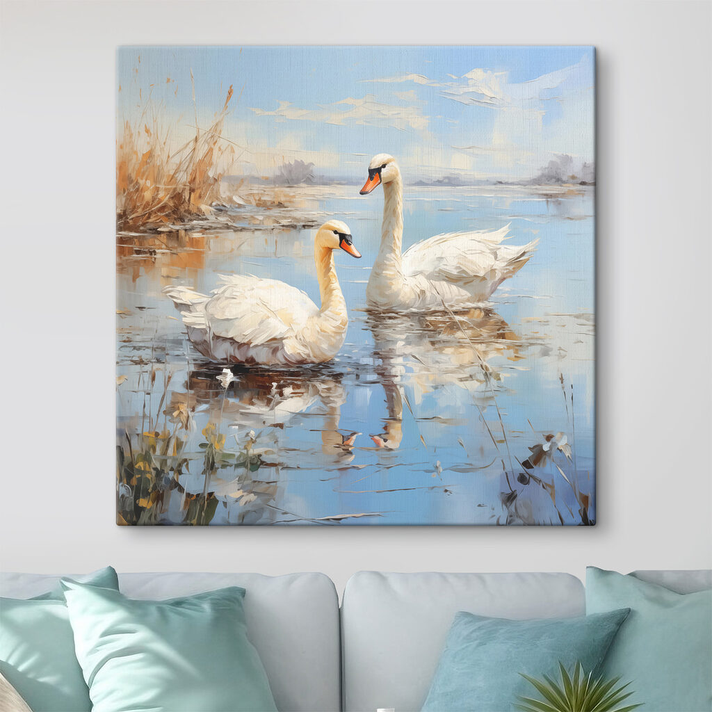 Schwäne auf dem Frühlingssee in einem Interieur