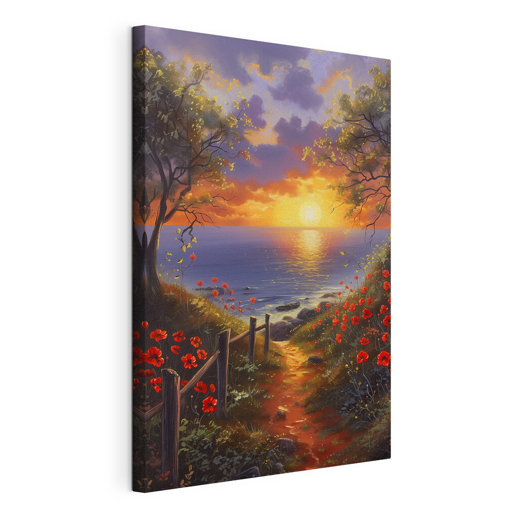 Blumenweg in der Abendsonne, gespannte Leinwand mit umlaufender Kante
