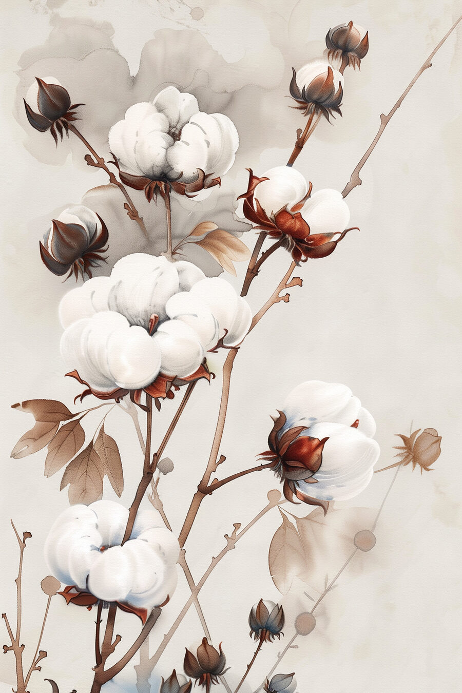 Baumwollzweige in zartem Beige — ganzes Design
