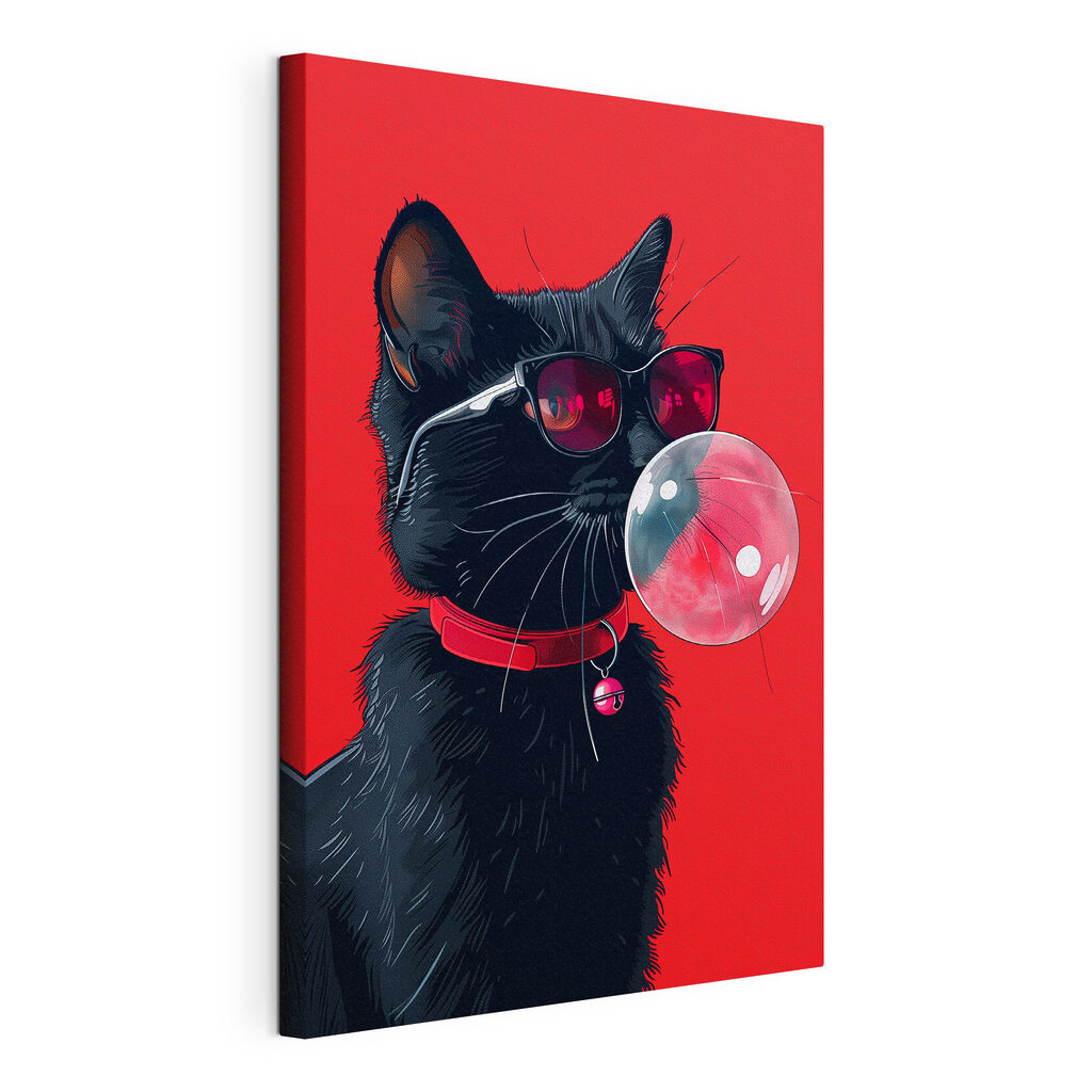 Schwarze Katze, rosa Kaugummi, gespannte Leinwand mit umlaufender Kante