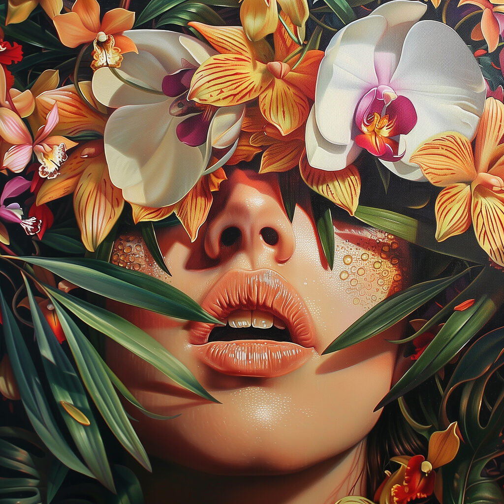 Orchideen über goldenen Lippen — ganzes Design