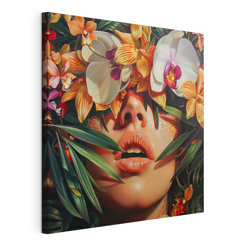 Orchideen über goldenen Lippen, gespannte Leinwand mit umlaufender Kante