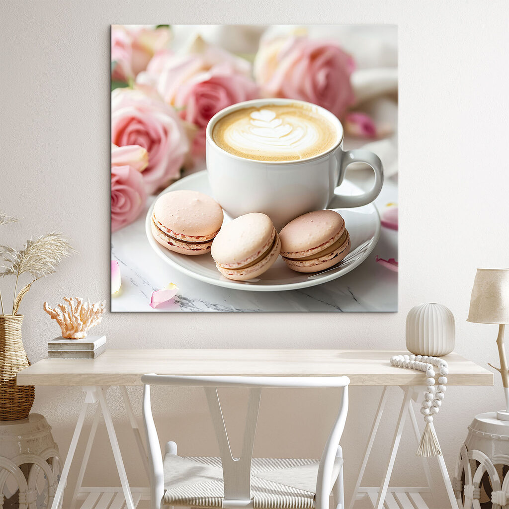 Cappuccino mit Macarons in einem Interieur
