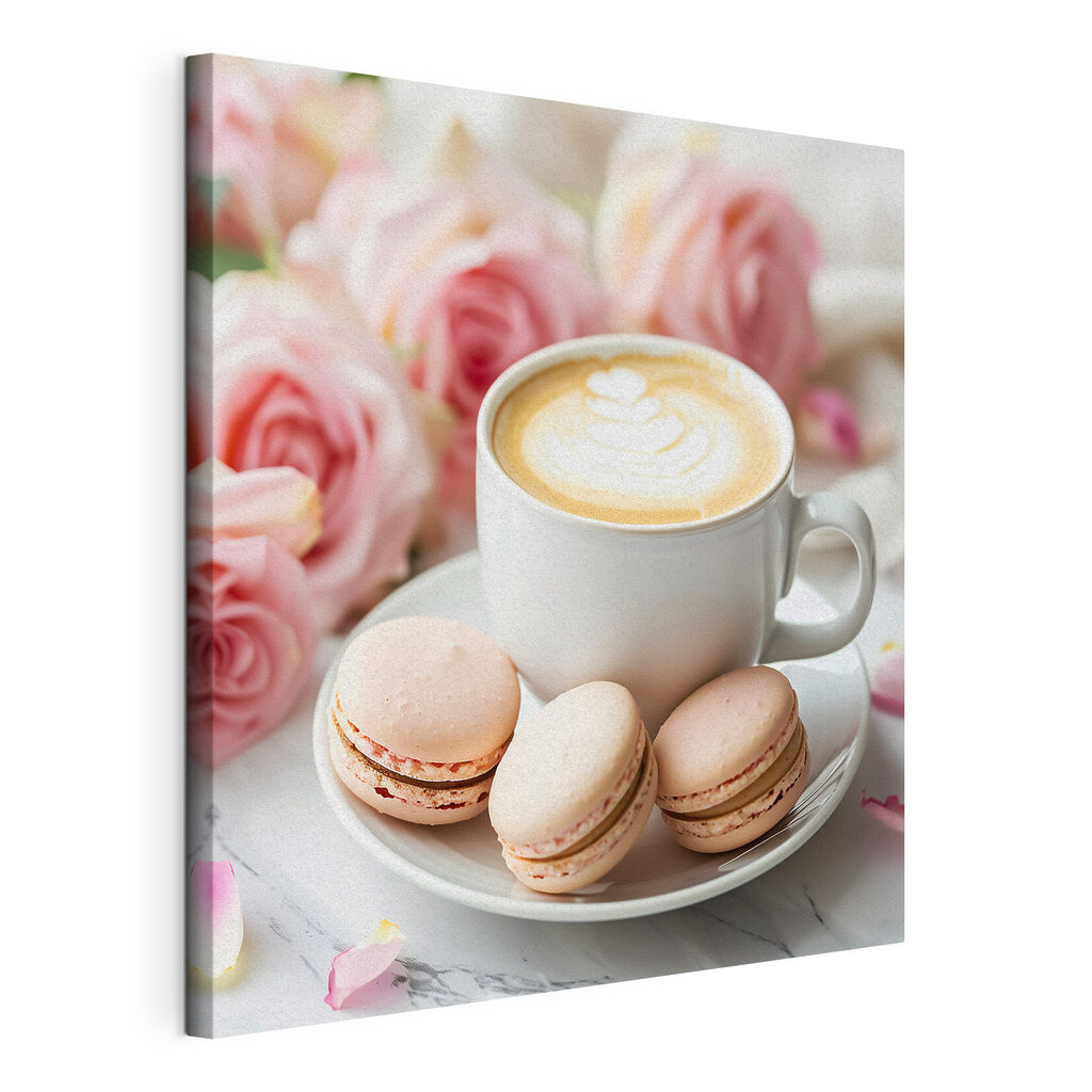 Cappuccino mit Macarons, gespannte Leinwand mit umlaufender Kante