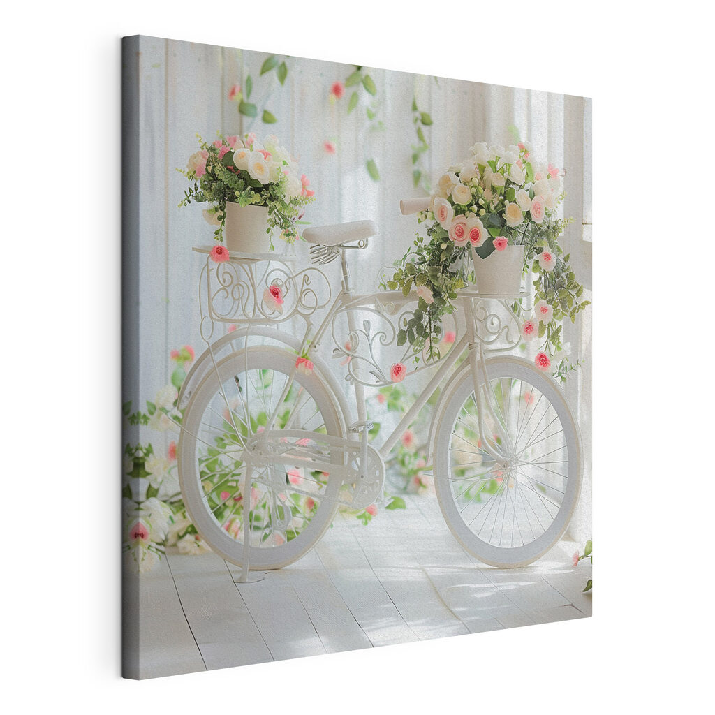 Fahrrad voller rosa Blüten, gespannte Leinwand mit umlaufender Kante
