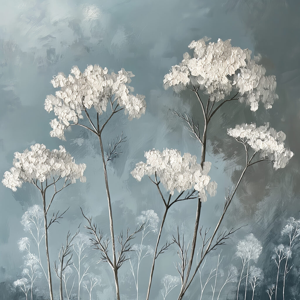 Weiße Doldenblüten auf Grau — ganzes Design