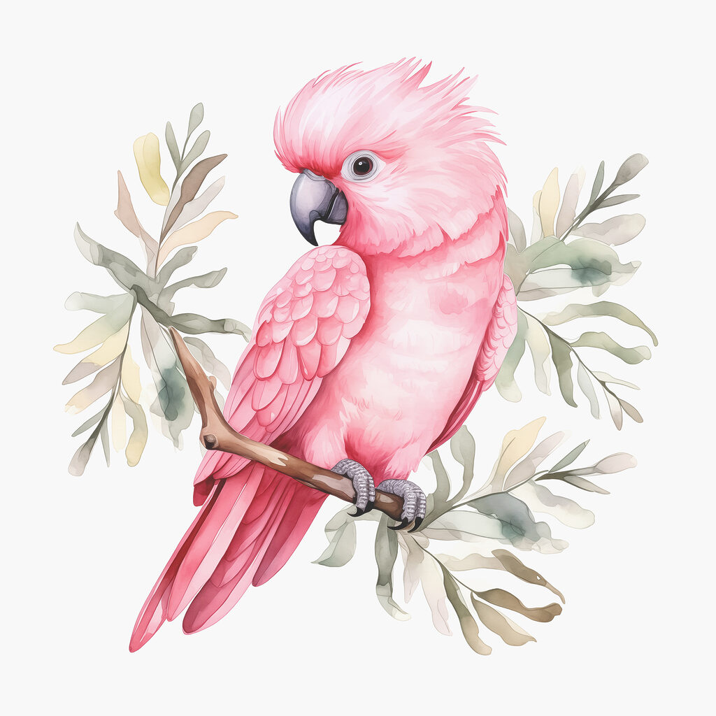 Rosa Kakadu zwischen Graugrün — ganzes Design