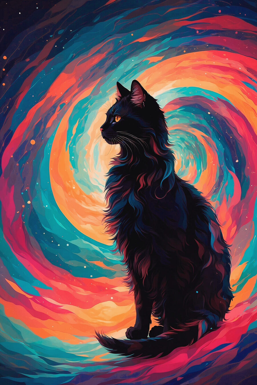 Schwarze Katze im Farbwirbel — ganzes Design