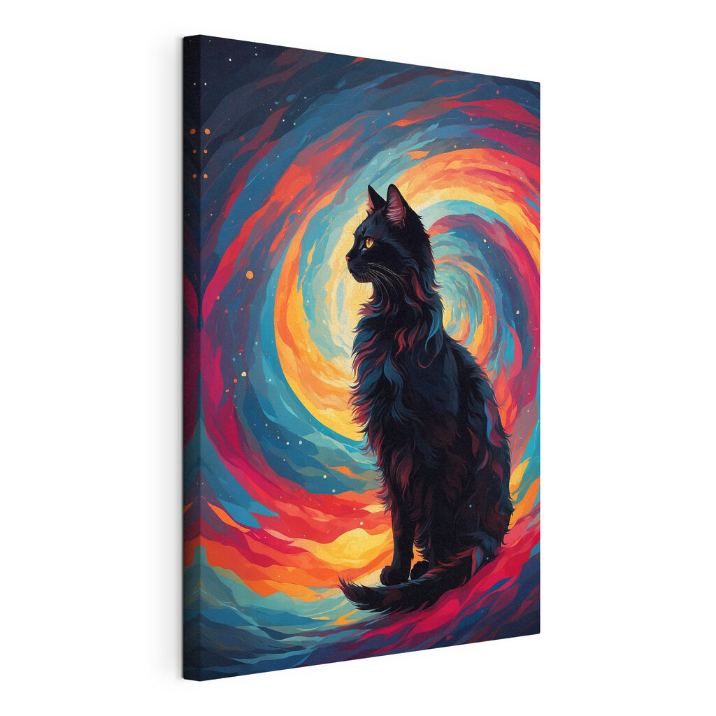Schwarze Katze im Farbwirbel, gespannte Leinwand mit umlaufender Kante