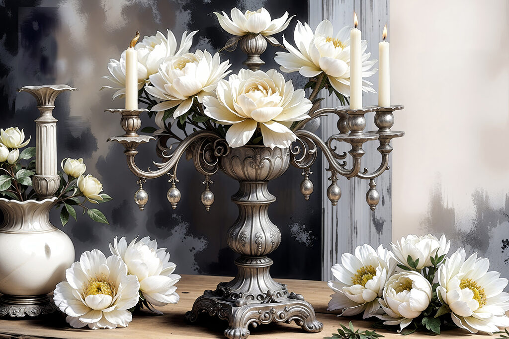 Weiße Lotusblüten im Kerzenlicht — ganzes Design