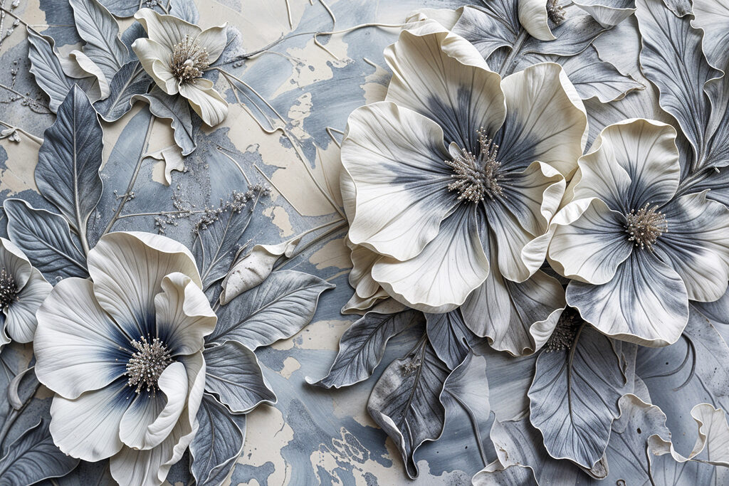 Blüten in kühlen Grautönen — ganzes Design