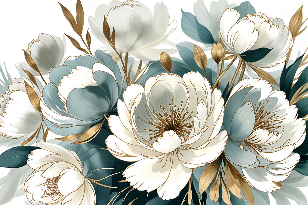 Weiße Blüten, blaue Schatten — ganzes Design