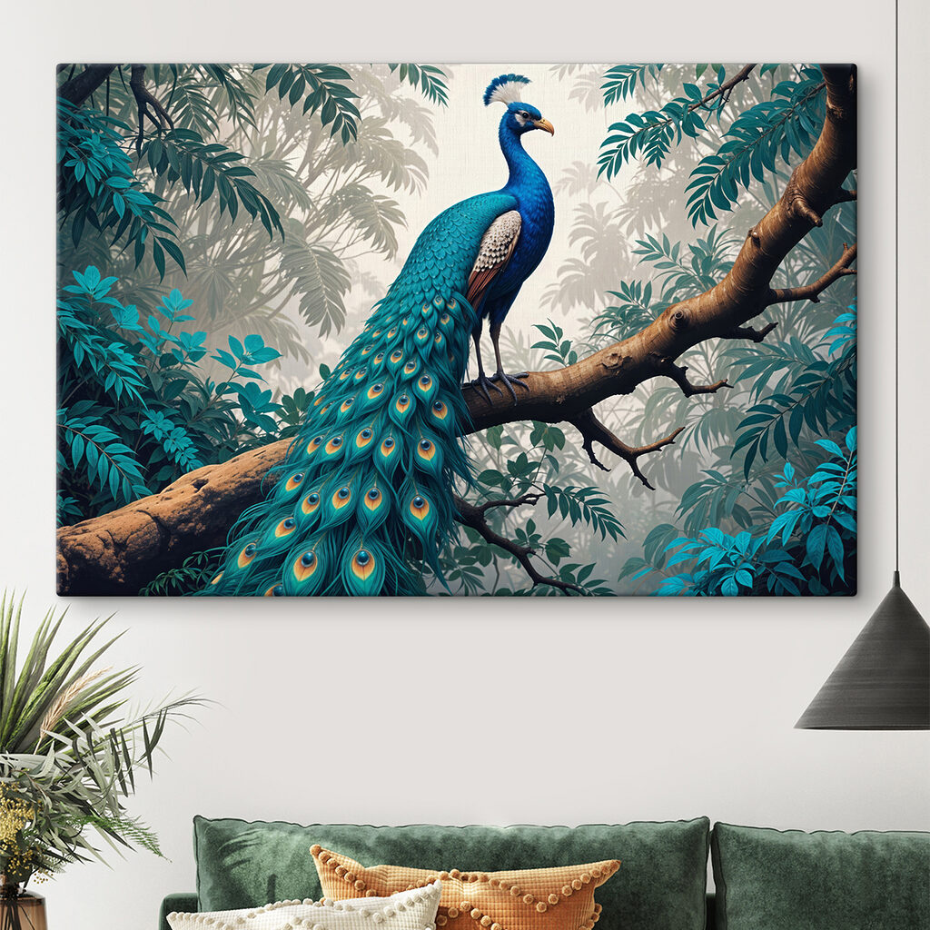 Pfau auf einem Dschungelast in einem Interieur