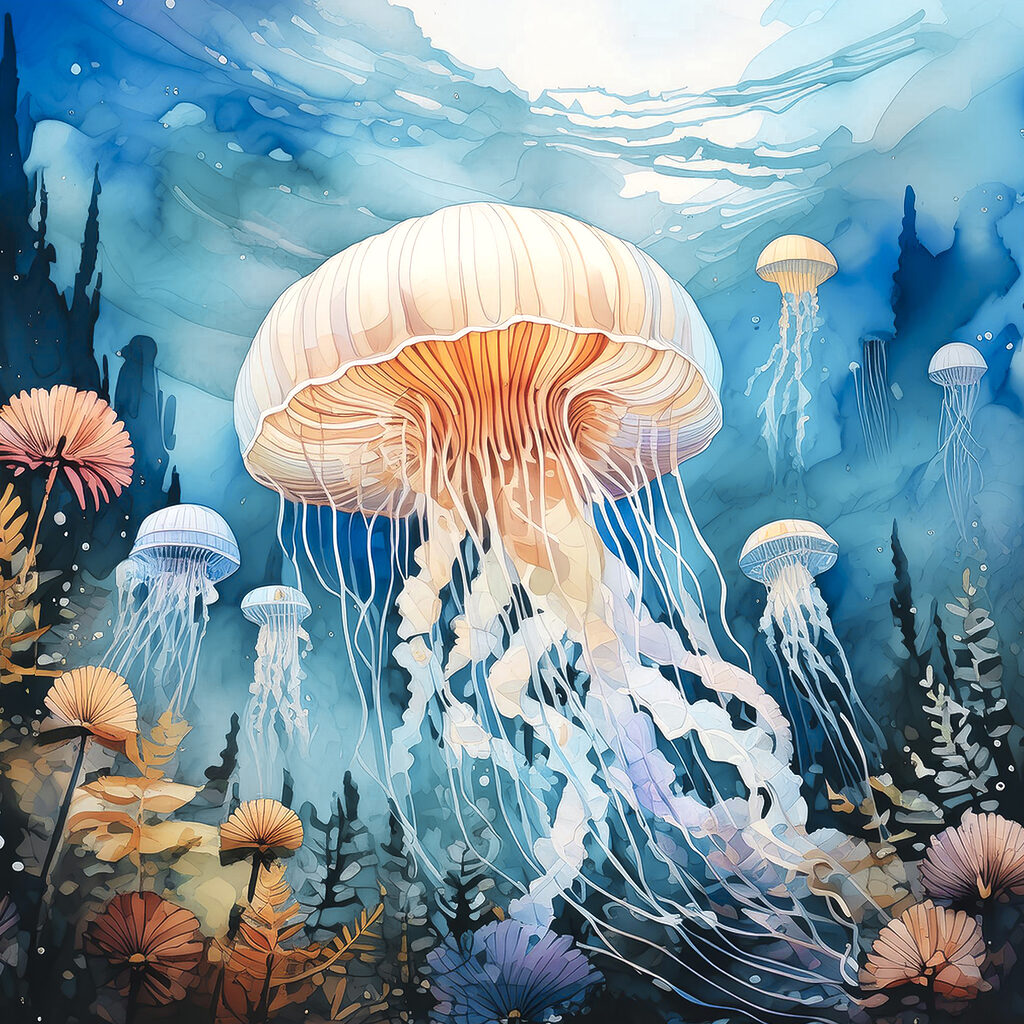 Quallen zwischen Unterwasserblumen — ganzes Design