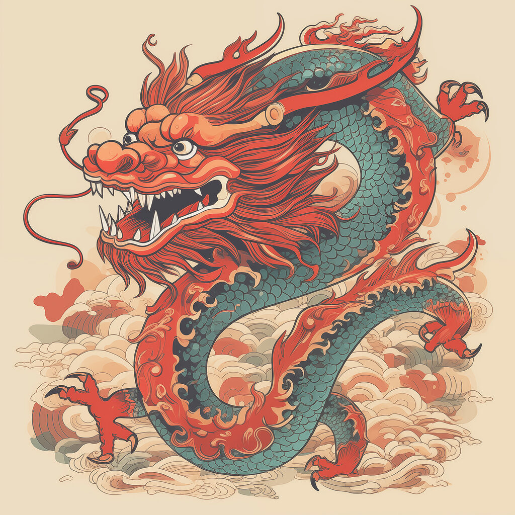 Drache zwischen Wolkenkringeln — ganzes Design